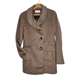Calvin Klein Beige Oat Brown Wool Blend Lined Single Breasted Pea Coat Size 2